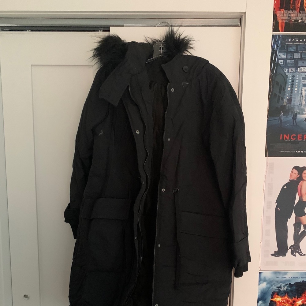 Black Winter Coat with Black Faux Fur Hood